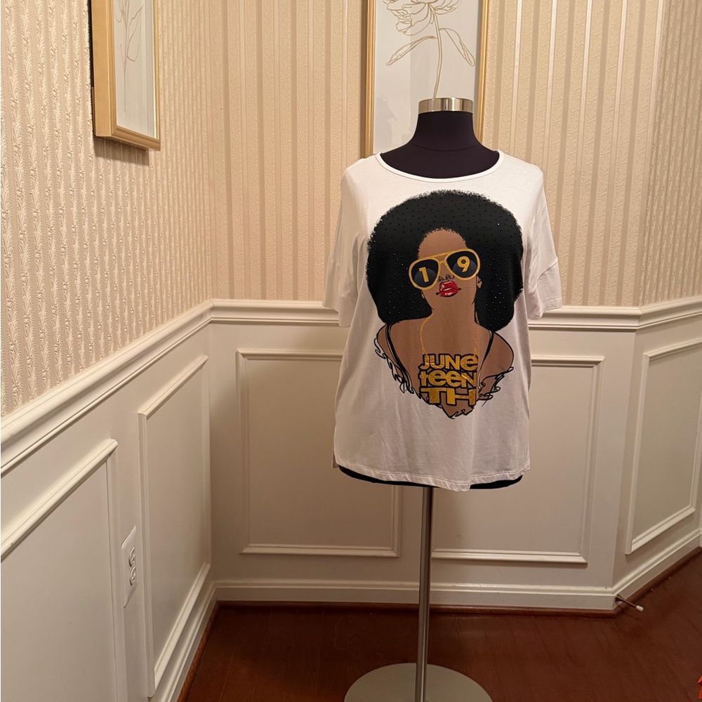 Ashley Stewart White Graphic Juneteenth Tee. HOT ITEM!! New!!
